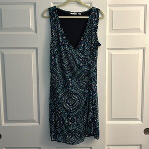 New York & Company Blue Patterned V-Neck Faux Wrap Dress XL